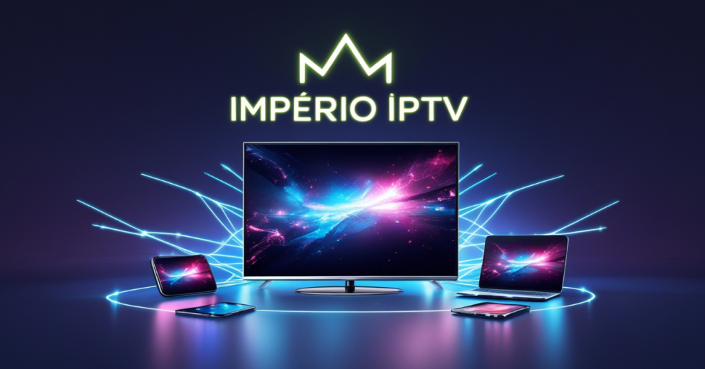 Uma cena futurista em estilo digital representando a ascensão da IPTV. Há uma Smart TV, um smartphone, um laptop e um tablet transmitindo conteúdo de vídeo, conectados por fios de internet brilhantes. O texto na imagem é Império IPTV com uma coroa em cima.